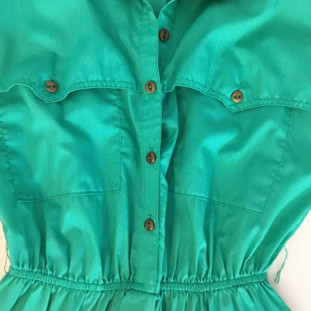 Vintage 80s Day Dress, Green Shirt Dress, Vintage Dress with Pockets Size Medium - Picture 12 of 14